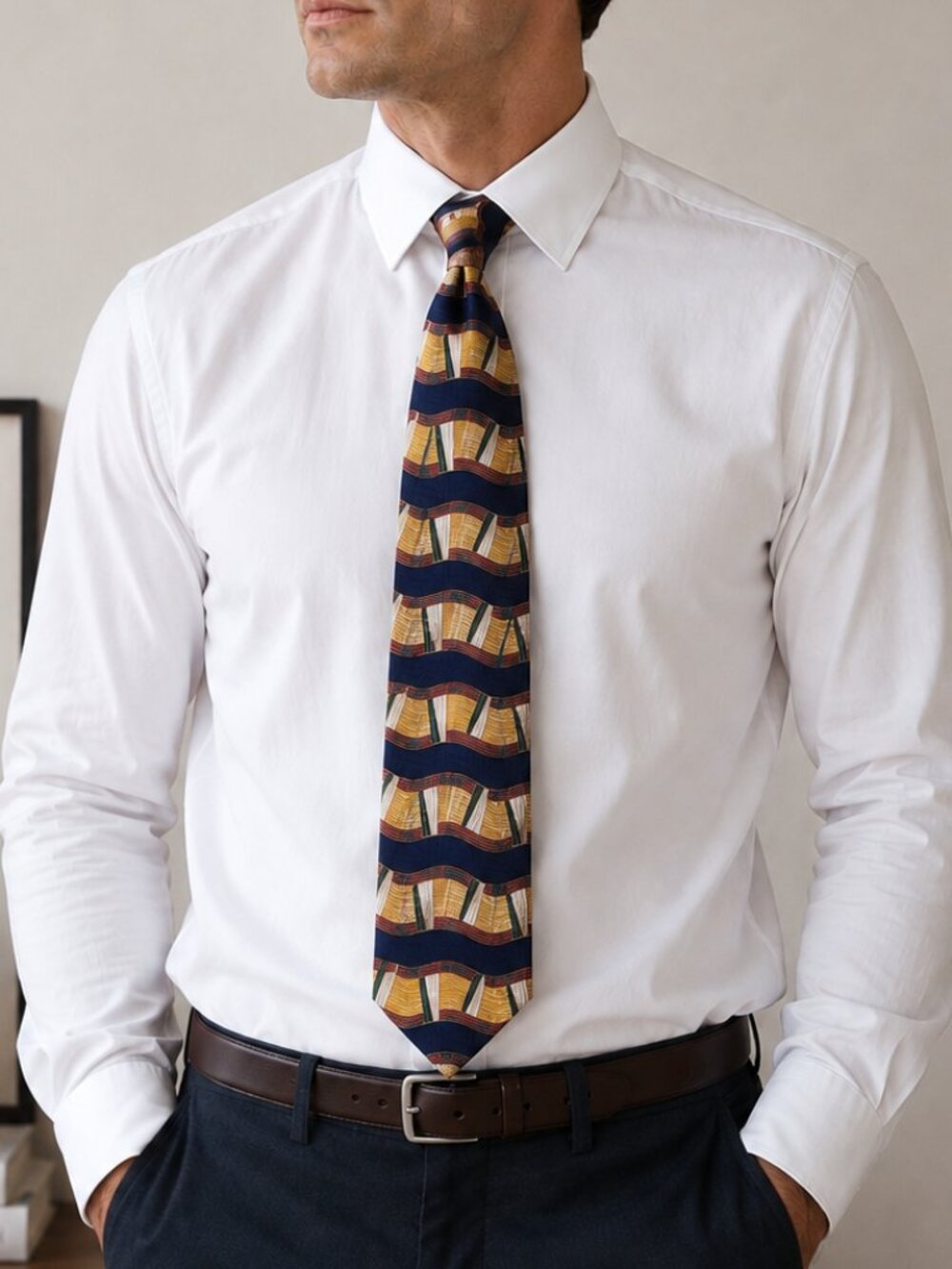 Bill Blass Black Label 100% Silk Abstract Geometric Tie Navy Gold Burgundy USA
